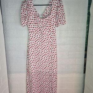 Cottagecore Strawberry Ruffle Sleeve MIDI Slit Tie Back ONLY Brand Dress Size M